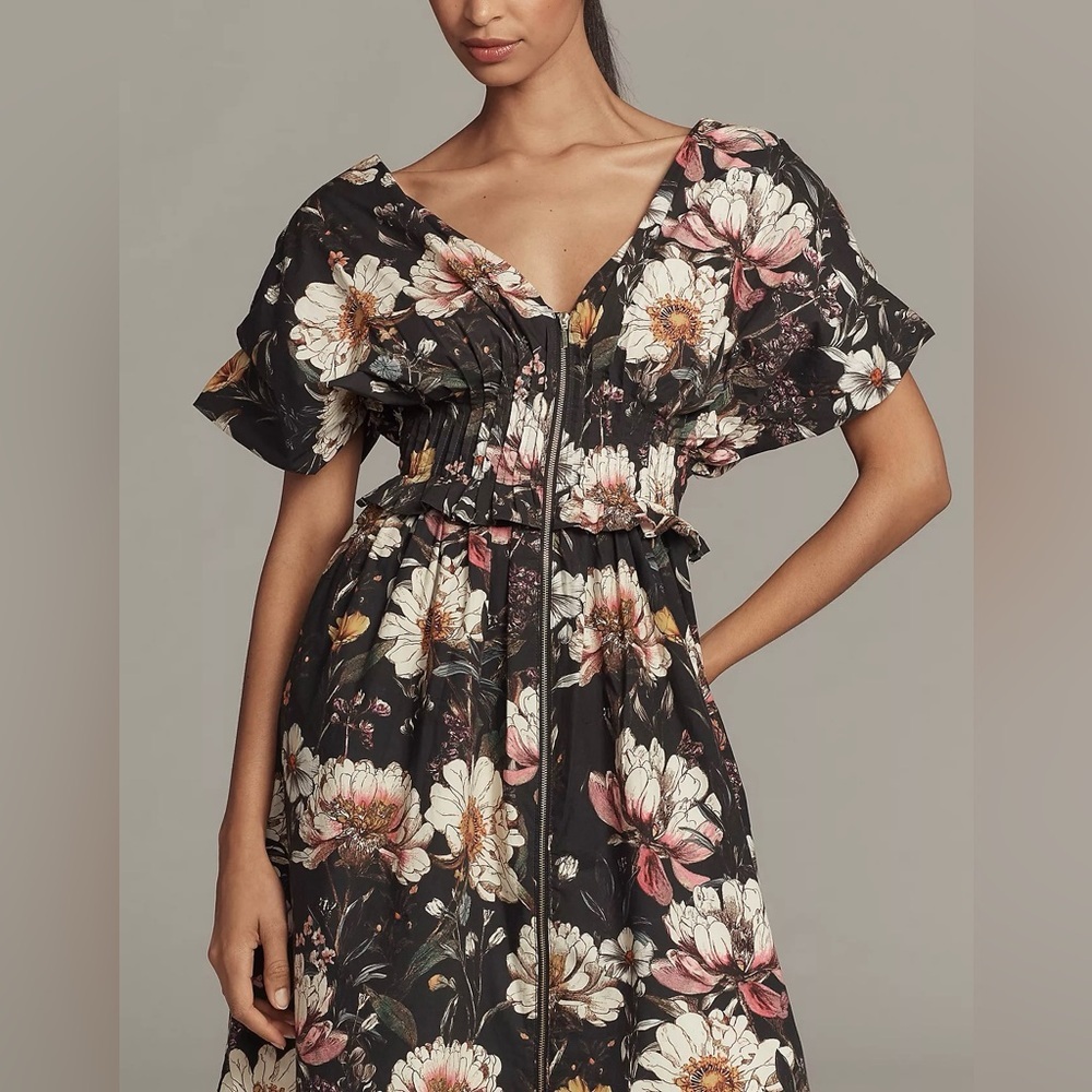 NWT Size SP -Anthropologie 100% Cotton Zip-Front Midi Dress Floral(NWT US$ 180)